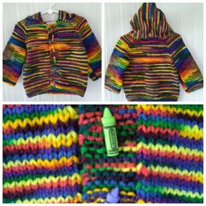 Handmade Knitted Colorful Sweater Cardigan Hoodie Crayon Buttons Hooded 12" P2P